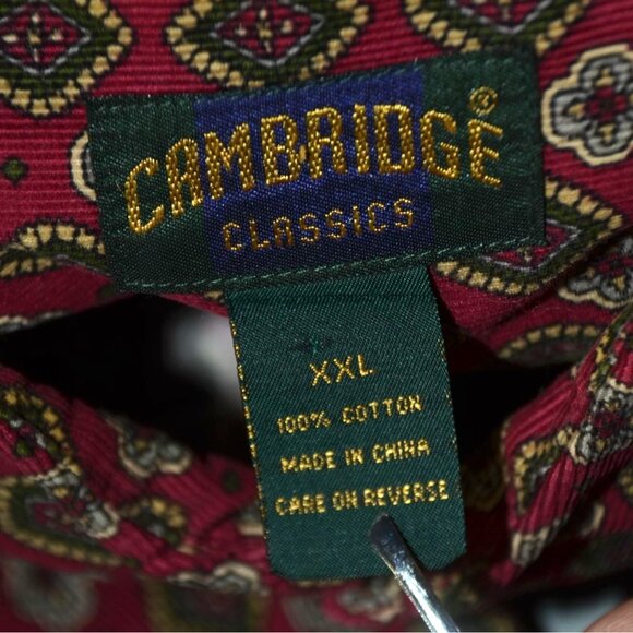 VTG Cambridge Mens XXL Maroon Burgundy Corduroy Geometric Print Button Up Preppy - Picture 7 of 8